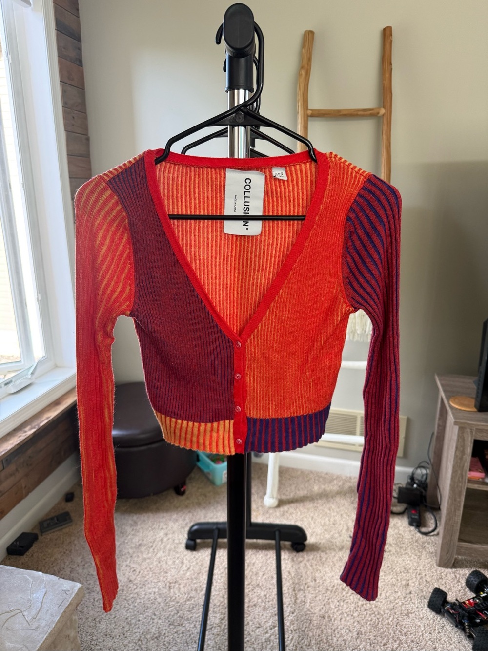 COLLUSION Colorblock Rib Knit Cropped Cardigan Orange Purple Size US 8